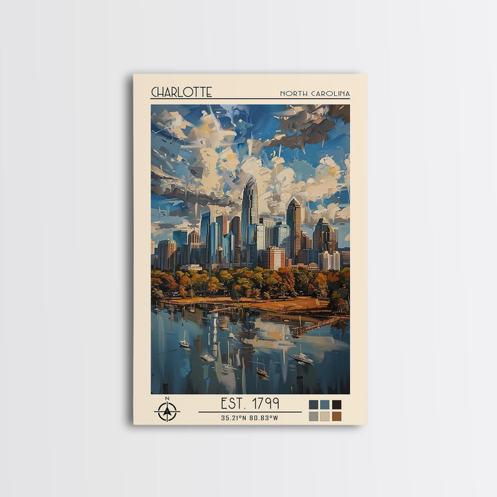 Charlotte Travel Poster, Framed Canvas Print, Travel Art Print, Modern Wall Decor, Wanderlust Gift, Watercolor Cityscape, Poster Art