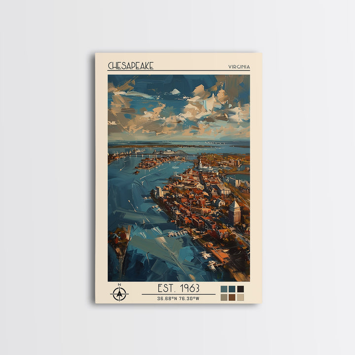 Chesapeake Travel Poster, Framed Canvas Print, Retro Wall Art, Travel Print, Watercolor Cityscape, Travel Posters, Minimalist Poster