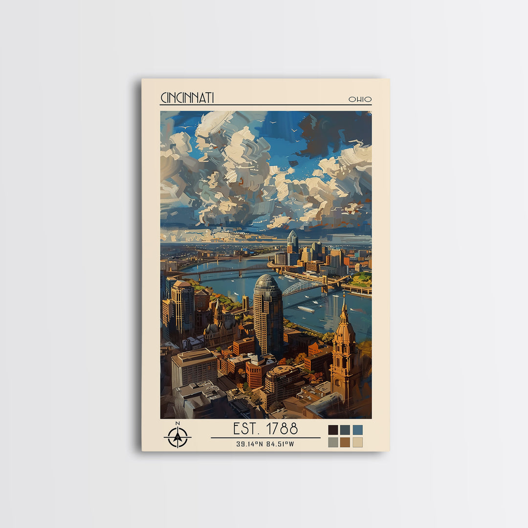 Cincinnati Travel Poster, Canvas Print, City Travel Poster, Travel Wall Decor, Living Room Wall Art, Modern Wall Decor, Travel Print