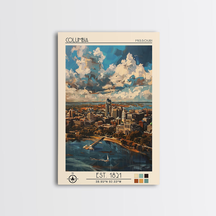 Columbia South Carolina Travel Poster, Framed Canvas Print, Travel Art Print, Modern Wall Decor, Living Room Wall Art, City Wall Art