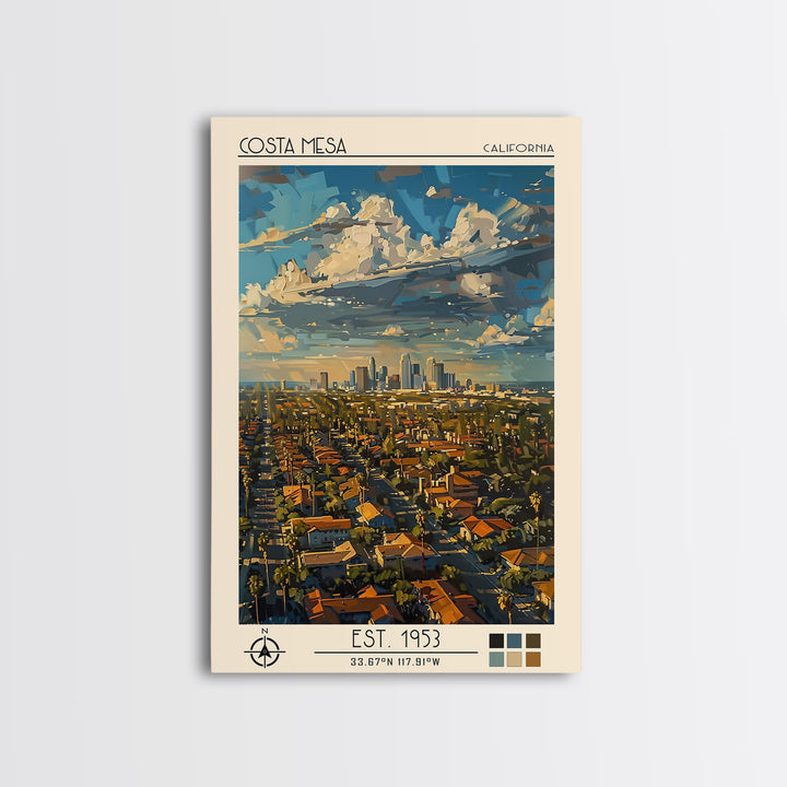 Costa Mesa Travel Poster, Framed Canvas Print, Travel Prints, Landscape Art, Travel Wall Decor, Fine Art Print, Living Room Wall Art