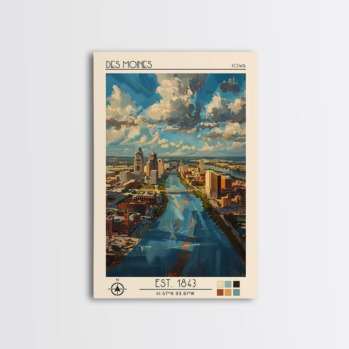 Des Moines Travel Poster, Framed Canvas Print, Retro Wall Art, Travel Print, Travel Art Print, Travel Wall Decor, City Travel Poster