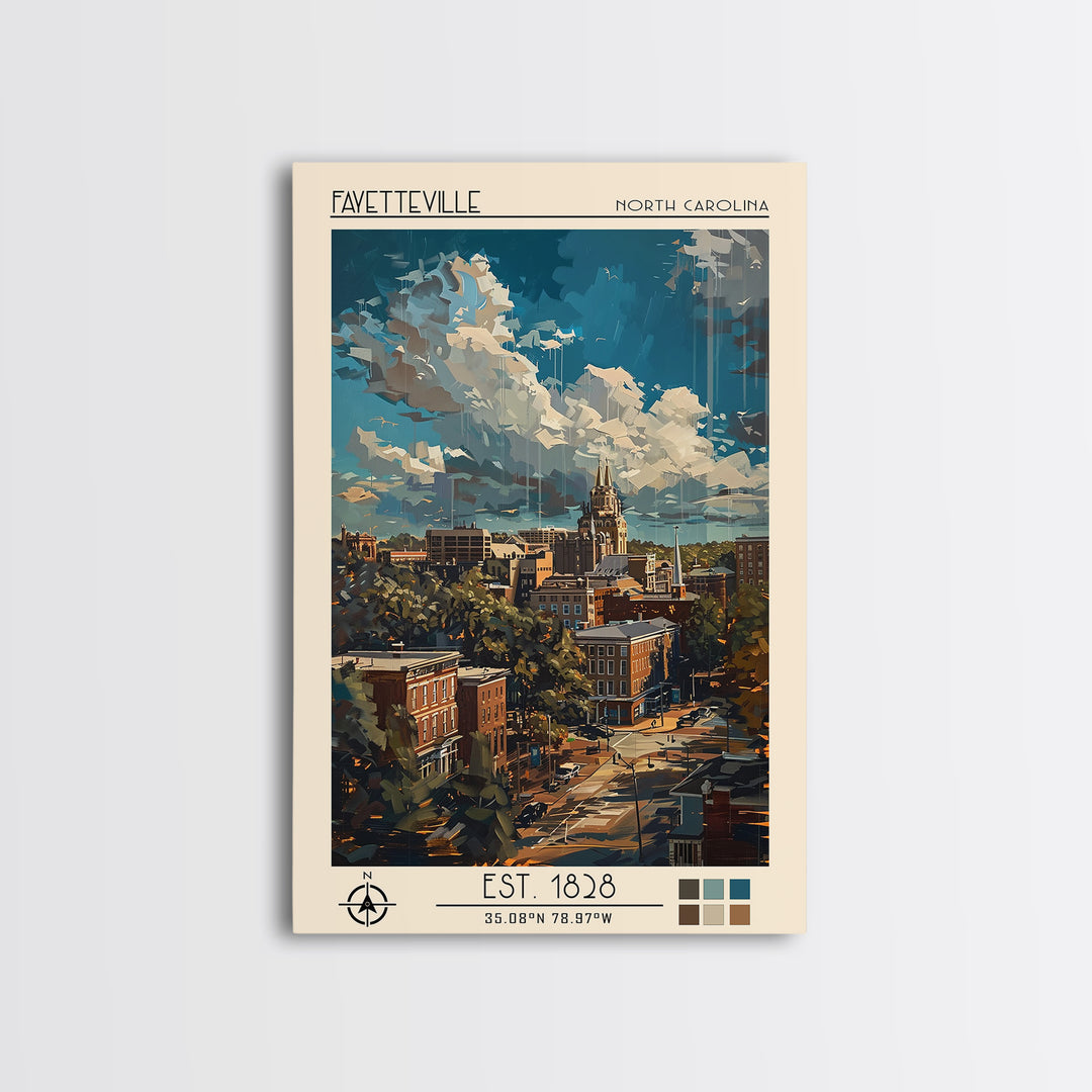 Fayetteville Travel Poster, Framed Canvas Print, Travel Wall Art, City Wall Art, Vintage Posters, Retro Wall Art, Vintage Travel Art