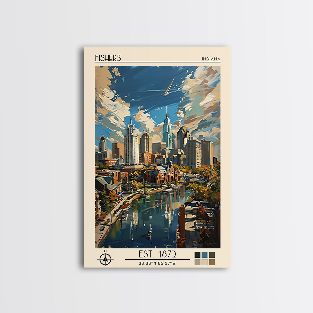 Fishers Travel Poster, Canvas Print, City Travel Poster, Travel Wall Art, Watercolor Cityscape, Gallery Wall Set, Retro Travel Print