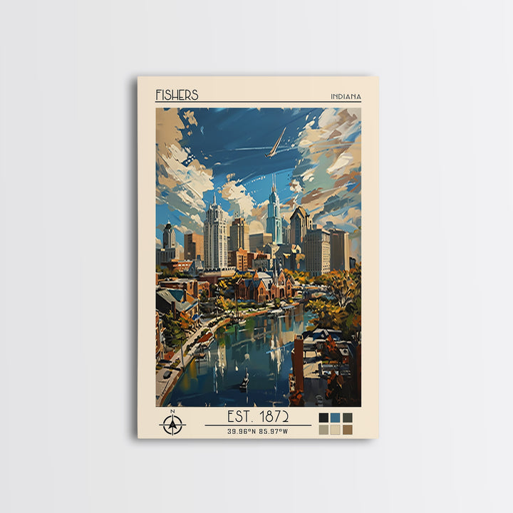 Fishers Travel Poster, Canvas Print, City Travel Poster, Travel Wall Art, Watercolor Cityscape, Gallery Wall Set, Retro Travel Print
