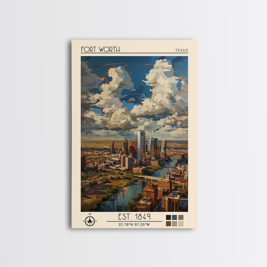 Fort Worth Travel Poster, Framed Canvas Print, Travel Prints, Landscape Art, City Art Print, Vintage Travel Art, Vintage City Poster
