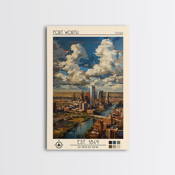 Fort Worth Travel Poster, Framed Canvas Print, Travel Prints, Landscape Art, City Art Print, Vintage Travel Art, Vintage City Poster