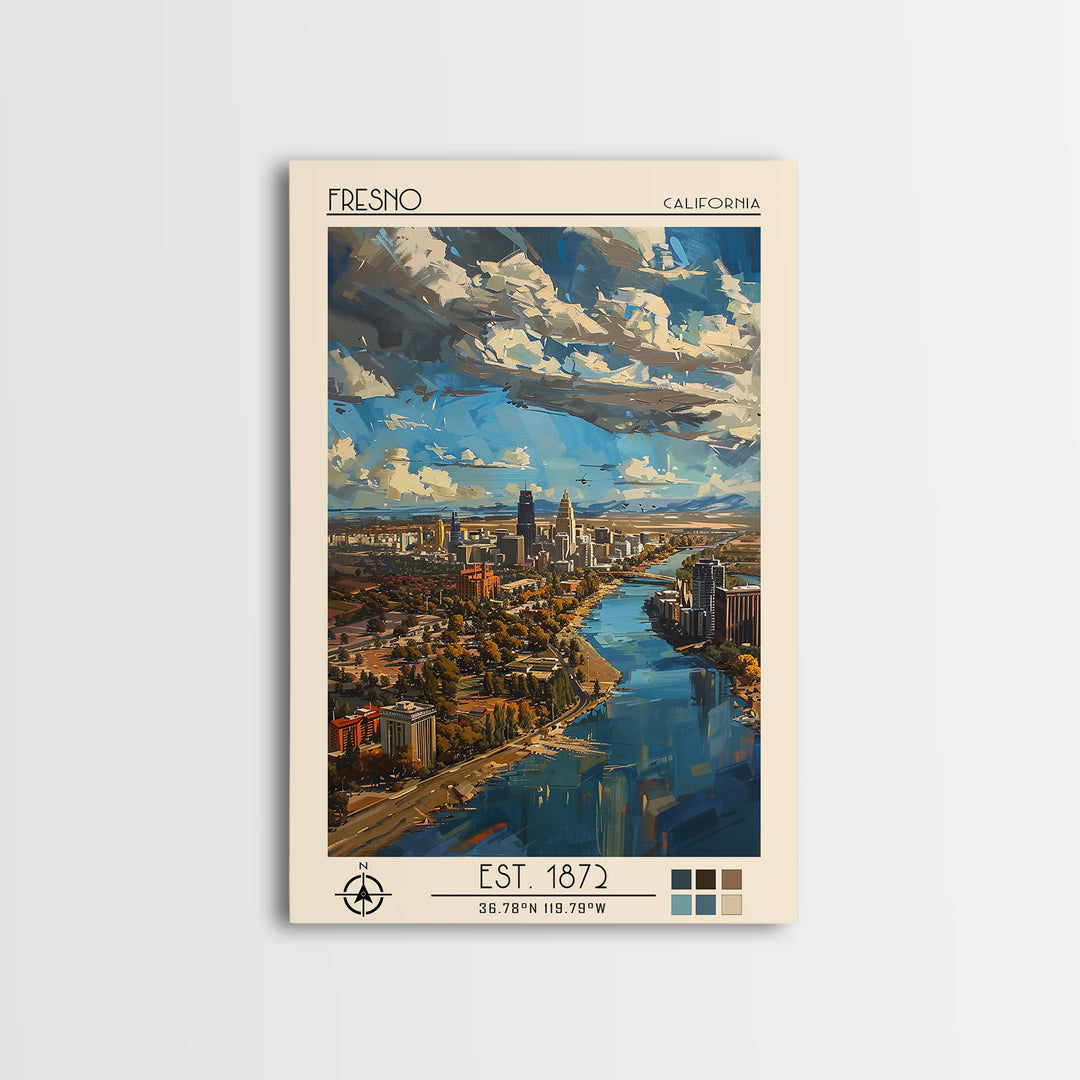 Fresno Travel Poster, Framed Canvas Print, Travel Art Print, Modern Wall Decor, Watercolor Cityscape, Fine Art Print, Retro Wall Art