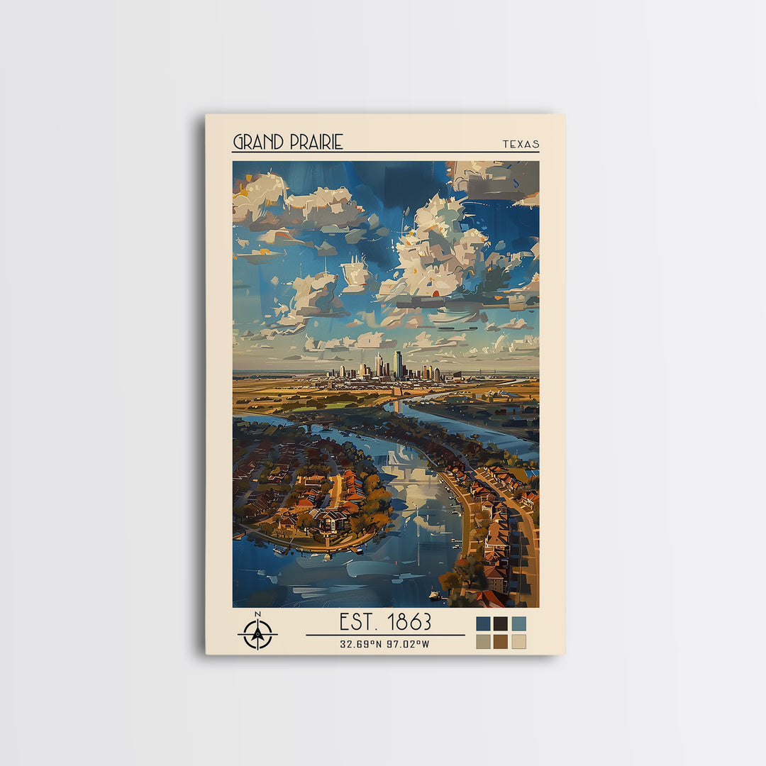 Grand Prairie Travel Poster, Framed Canvas Print, Travel Wall Art, City Wall Art, Retro Travel Print, Travel Prints, Vintage Posters