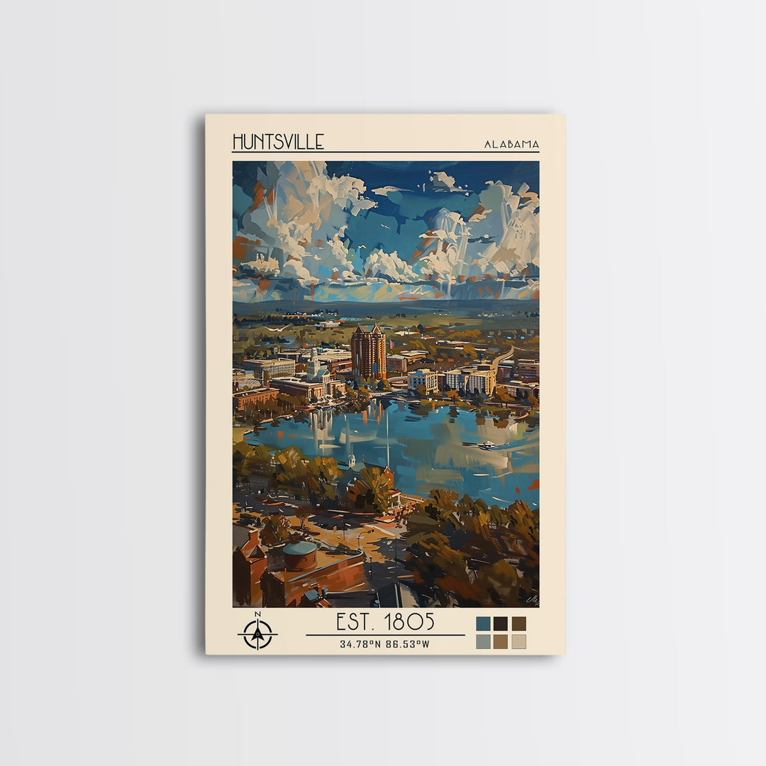 Huntsville Travel Poster, Framed Canvas Print, City Art Print, Travel Wall Art, Vintage Travel Art, Travel Prints, City Illustration