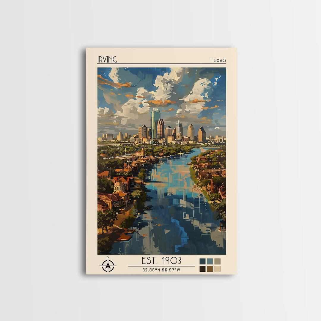 Irving Travel Poster, Framed Canvas Print, Travel Prints, Landscape Art, Retro Travel Poster, Watercolor Cityscape, Travel Art Print
