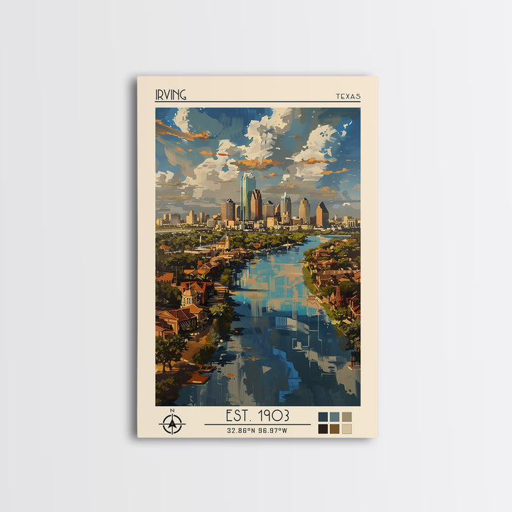 Irving Travel Poster, Framed Canvas Print, Travel Prints, Landscape Art, Retro Travel Poster, Watercolor Cityscape, Travel Art Print