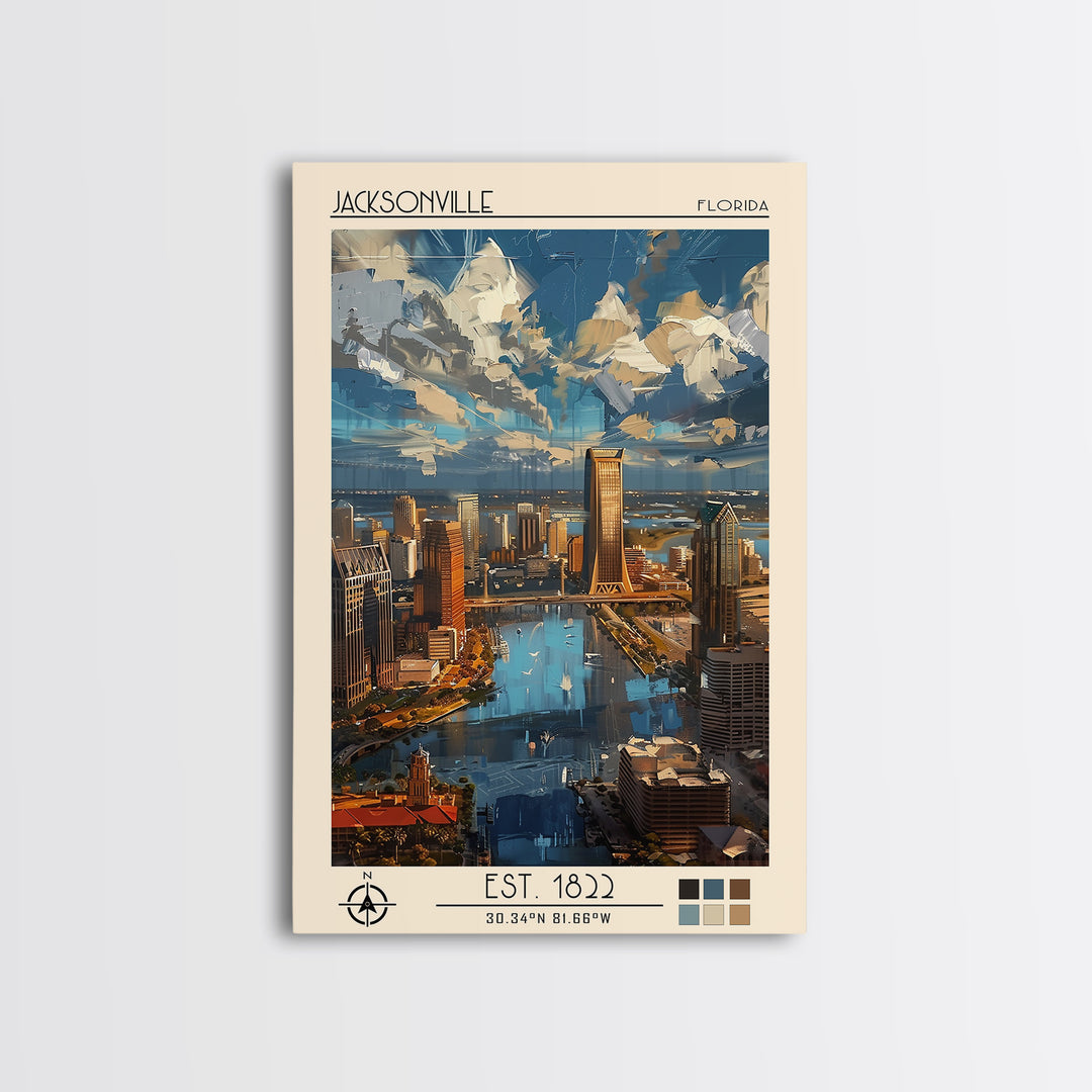 Jacksonville Travel Poster, Framed Canvas Print, Travel Prints, Landscape Art, Vintage Poster, Travel Art Print, Retro Travel Poster