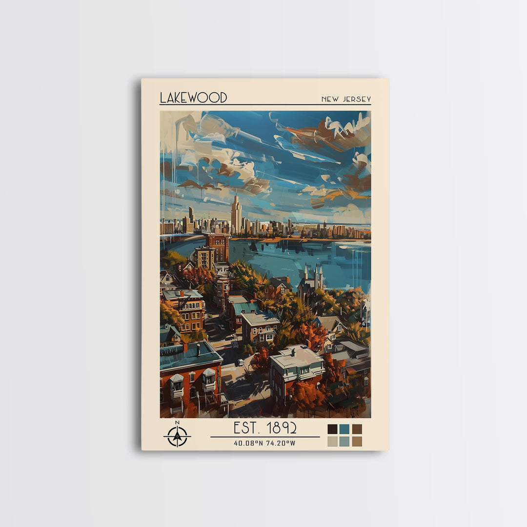 Lakewood New Jersey Travel Poster, Framed Canvas Print, City Travel Poster, Travel Wall Art, Living Room Wall Art, City Illustration