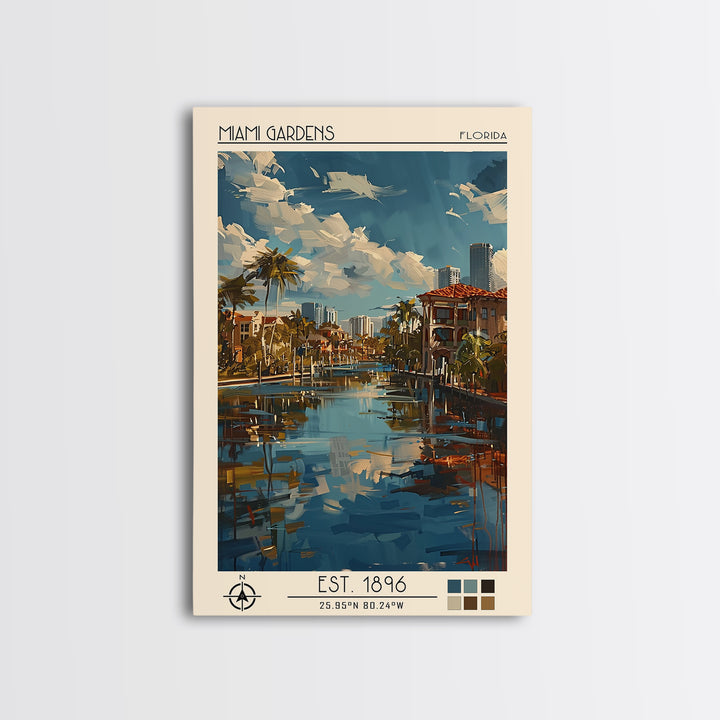 Miami Gardens Travel Poster, Framed Canvas Print, Travel Wall Art, City Wall Art, Travel Prints, Travel Art Print, Colorful Wall Art