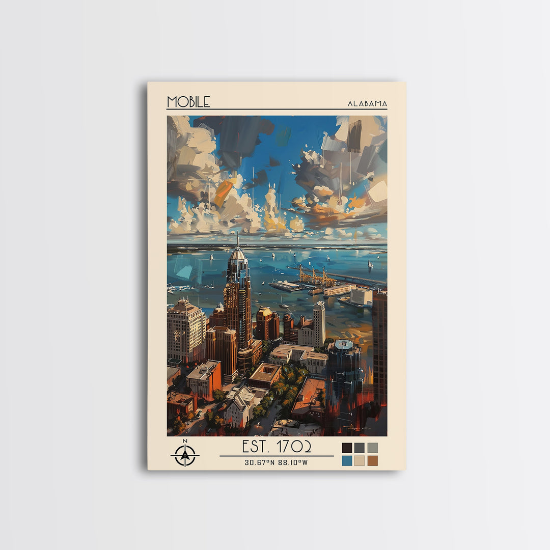 Mobile Travel Poster, Framed Canvas Print, Retro Wall Art, Travel Print, Travel Prints, Wall Art, Travel Wall Art, City Illustration