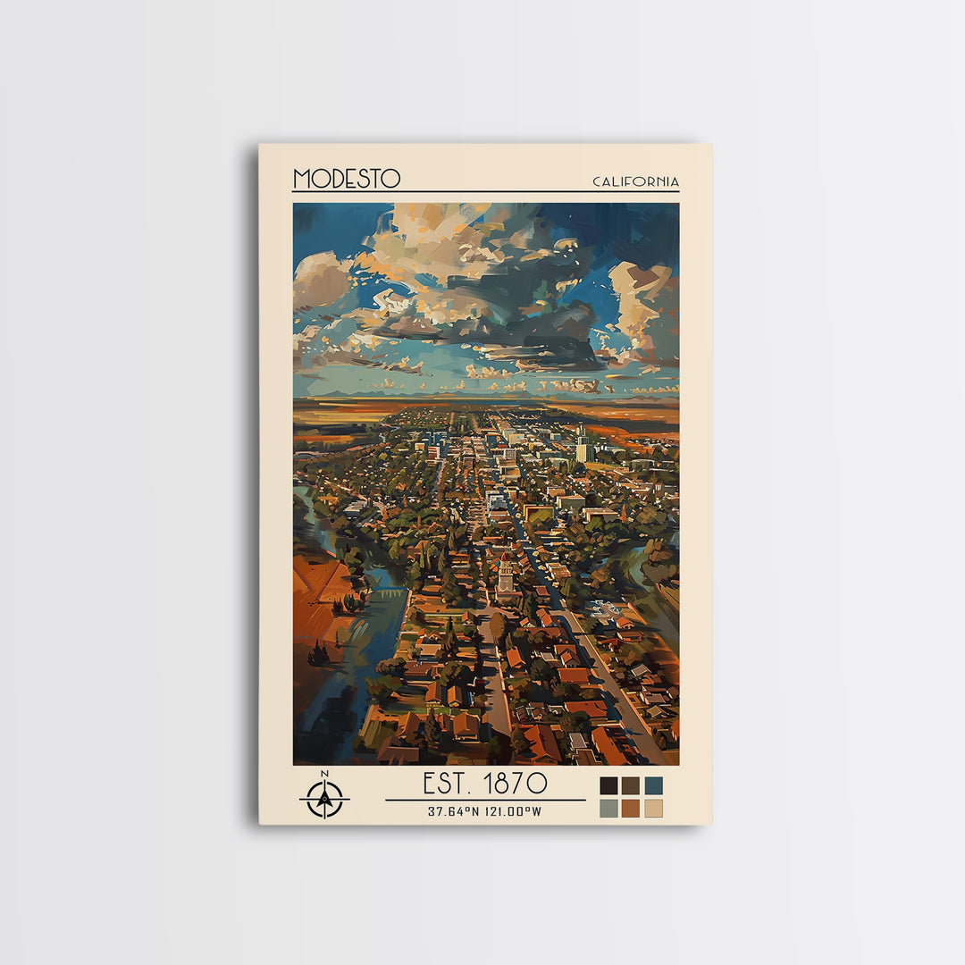 Modesto Travel Poster, Framed Canvas Print, Retro Wall Art, Travel Print, Minimalist Poster, Modern Wall Decor, Living Room Wall Art