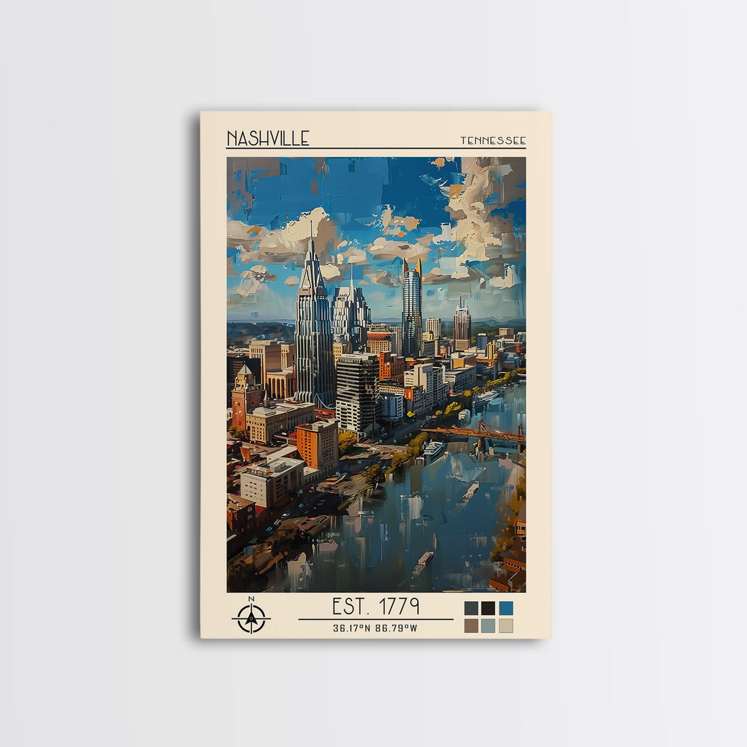 Nashville Travel Poster, Framed Canvas Print, Retro Wall Art, Travel Print, Retro Travel Print, Modern Wall Decor, Colorful Wall Art