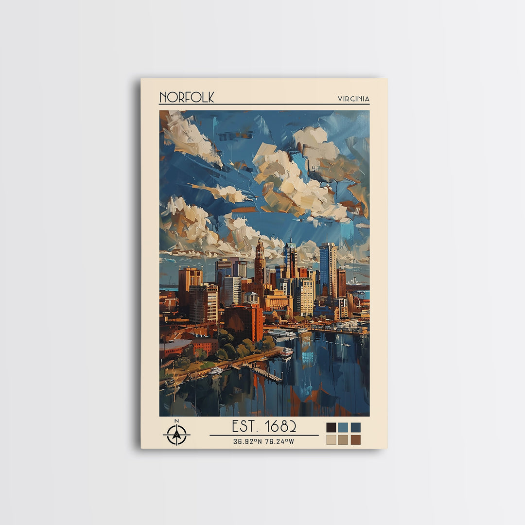 Norfolk Travel Poster, Framed Canvas Print, City Travel Poster, Travel Wall Art, Travel Wall Decor, Modern Wall Decor, City Wall Art