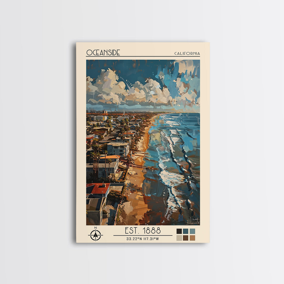 Oceanside Travel Poster, Framed Canvas Print, Retro Travel Poster, City Wall Art, Travel Decor, Retro Wall Art, Mid Century Wall Art