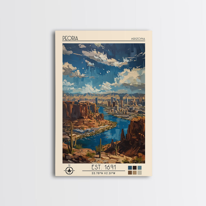 Peoria Travel Poster, Canvas Print, City Travel Poster, Travel Wall Decor, City Wall Art, Mid Century Wall Art, Living Room Wall Art