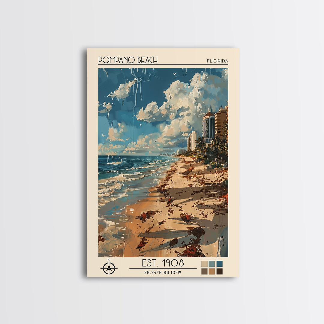 Pompano Beach Travel Poster, Canvas Print, Retro Travel Poster, City Wall Art, City Travel Poster, City Illustration, Travel Posters