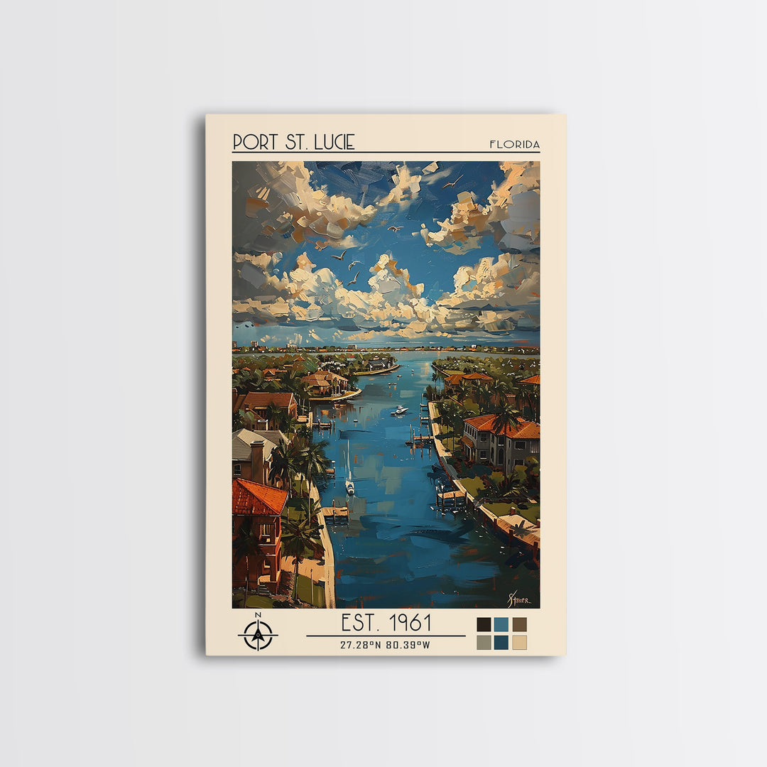 Port St Lucie Travel Poster, Framed Canvas Print, Travel Prints, Landscape Art, Travel Posters, Home Office Decor, City Illustration