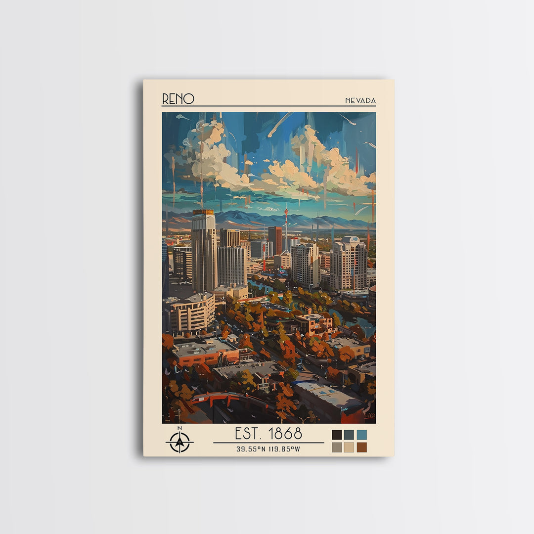 Reno Travel Poster, Framed Canvas Print, Travel Prints, Landscape Art, Home Decor, Fine Art Print, Travel Wall Decor, City Art Print