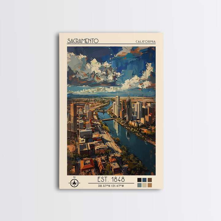 Sacramento Travel Poster, Framed Canvas Print, Travel Art Print, Modern Wall Decor, Retro Travel Print, Art Print, Colorful Wall Art