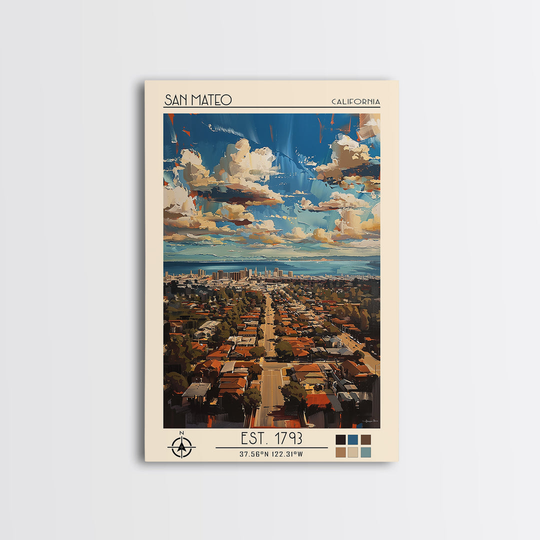San Mateo Travel Poster, Framed Canvas Print, City Travel Poster, Travel Wall Decor, Home Decor, City Wall Art, Living Room Wall Art