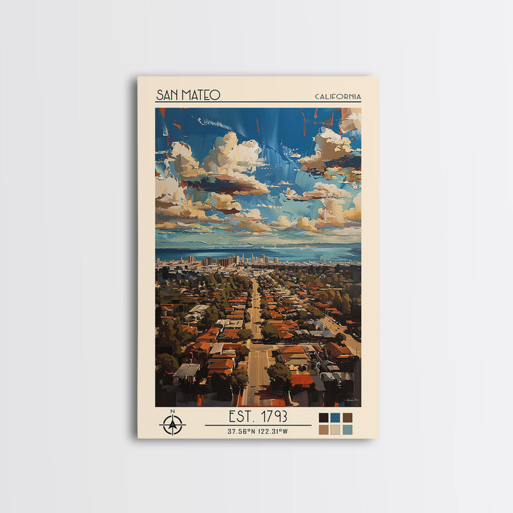 San Mateo Travel Poster, Framed Canvas Print, City Travel Poster, Travel Wall Decor, Home Decor, City Wall Art, Living Room Wall Art