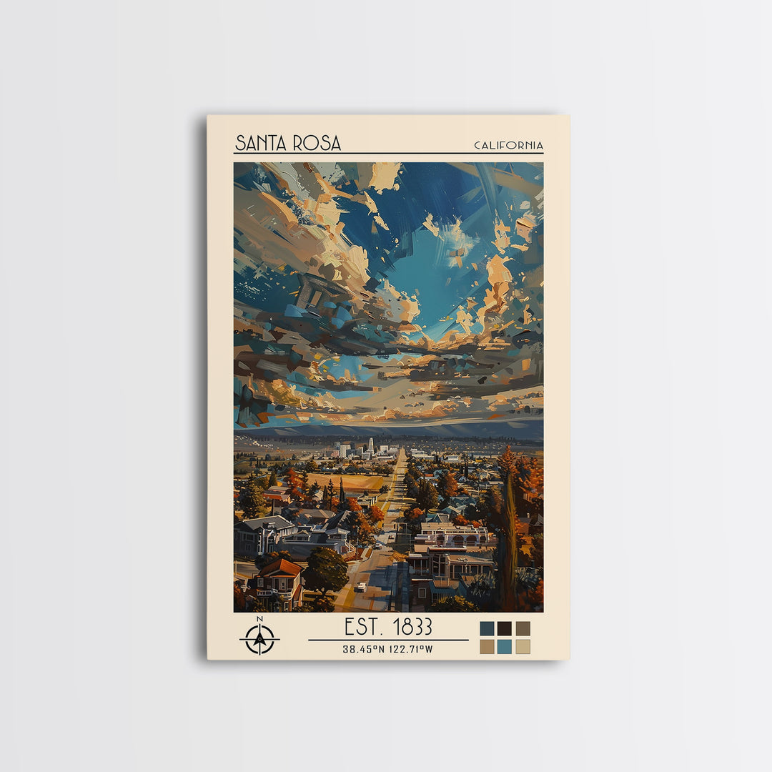 Santa Rosa Travel Poster, Framed Canvas Print, City Travel Poster, Vintage City Poster, City Wall Art, Travel Prints, Vintage Travel