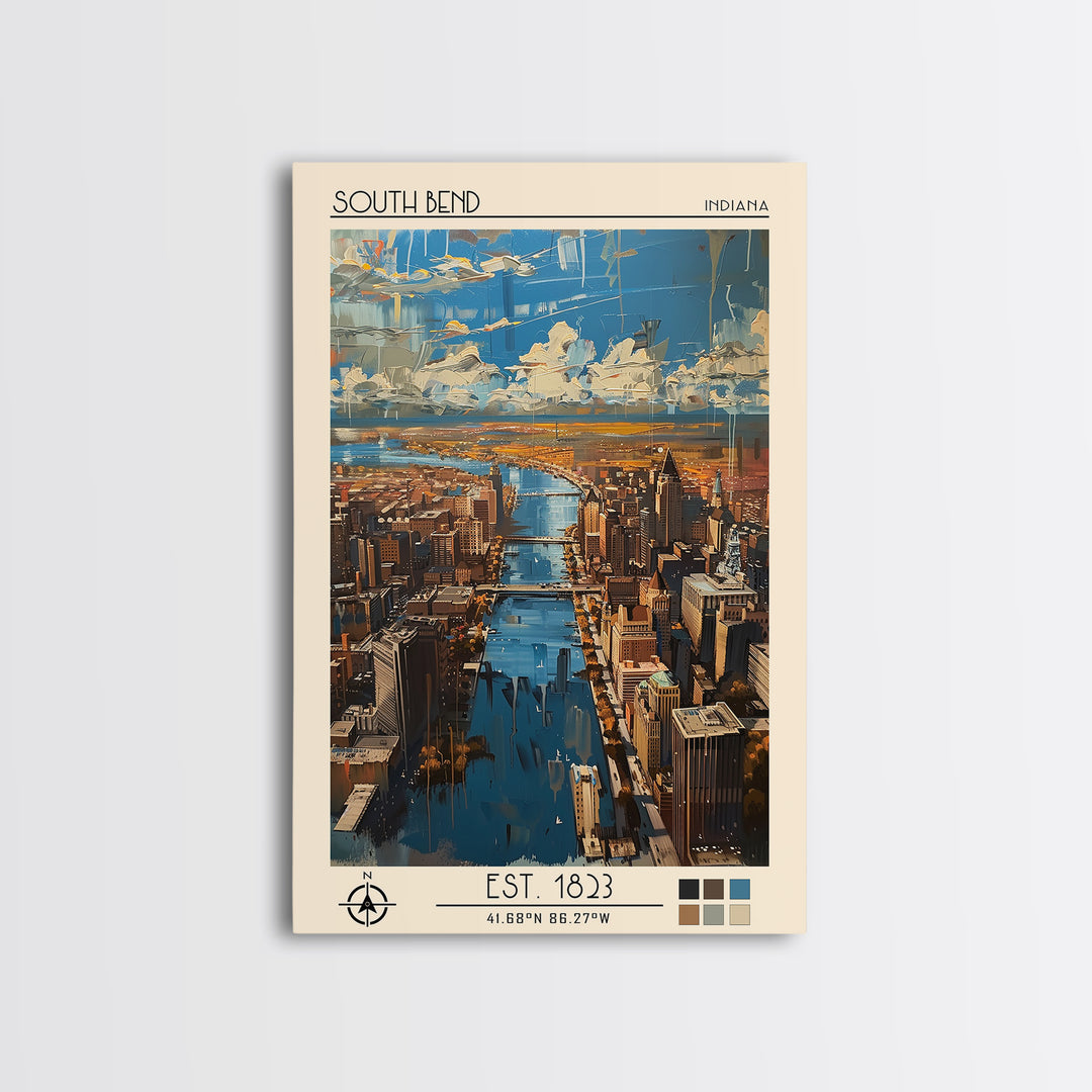 South Bend Travel Poster, Canvas Print, Retro Travel Poster, City Wall Art, City Travel Poster, Mid Century Wall Art, Fine Art Print