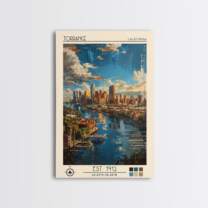 Torrance Travel Poster, Canvas Print, City Travel Poster, Travel Wall Art, Fine Art Print, Retro Travel Poster, Watercolor Cityscape