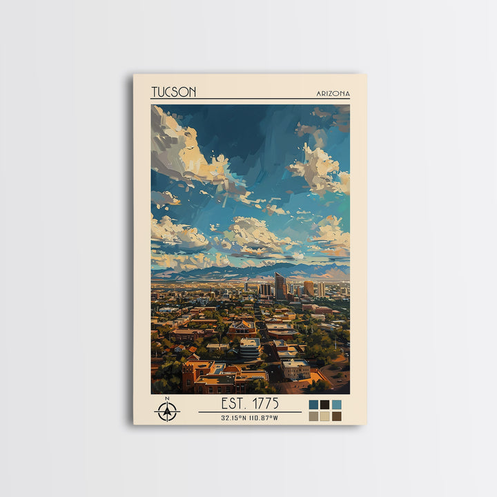 Tucson Travel Poster, Framed Canvas Print, Travel Prints, Landscape Art, Art Print, Retro Wall Art, City Illustration, City Wall Art