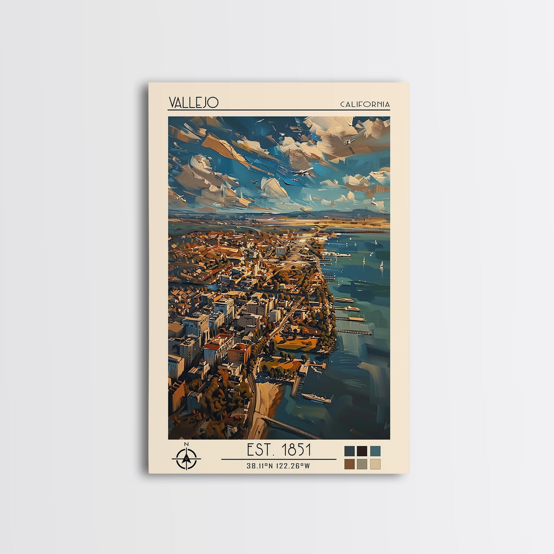 Vallejo Travel Poster, Framed Canvas Print, Travel Wall Decor, Minimalist Poster, Travel Print, Mid Century Wall Art, City Art Print