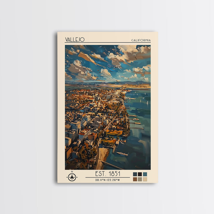 Vallejo Travel Poster, Framed Canvas Print, Travel Wall Decor, Minimalist Poster, Travel Print, Mid Century Wall Art, City Art Print