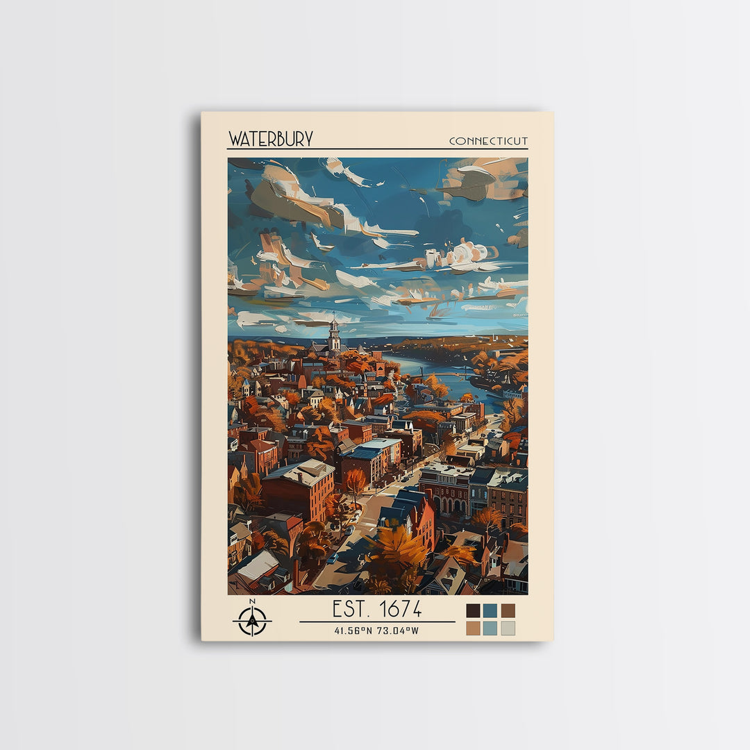 Waterbury Travel Poster, Framed Canvas Print, Travel Prints, Landscape Art, Vintage Travel, City Wall Art, Wall Art, Travel Wall Art