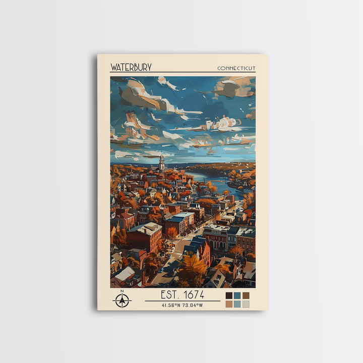 Waterbury Travel Poster, Framed Canvas Print, Travel Prints, Landscape Art, Vintage Travel, City Wall Art, Wall Art, Travel Wall Art