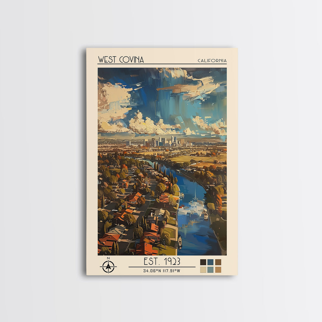 West Covina Travel Poster, Framed Canvas Print, Retro Travel Poster, City Wall Art, Poster Art, Vintage Travel Print, Vintage Travel