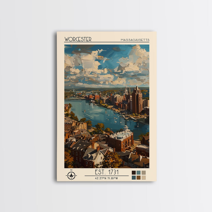 Worcester Travel Poster, Framed Canvas Print, Vintage Travel Print, City Wall Art, Retro Travel Poster, Poster Print, Fine Art Print