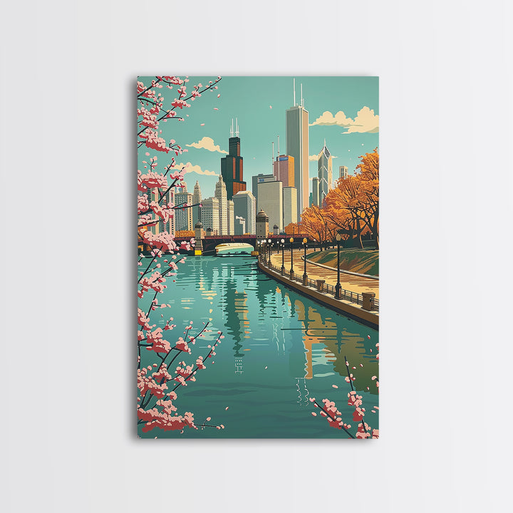 Chicago Travel Poster, Framed Canvas Print, City Art Print, Travel Wall Art, Travel Posters, Vintage Poster, Travel Prints, Wall Art