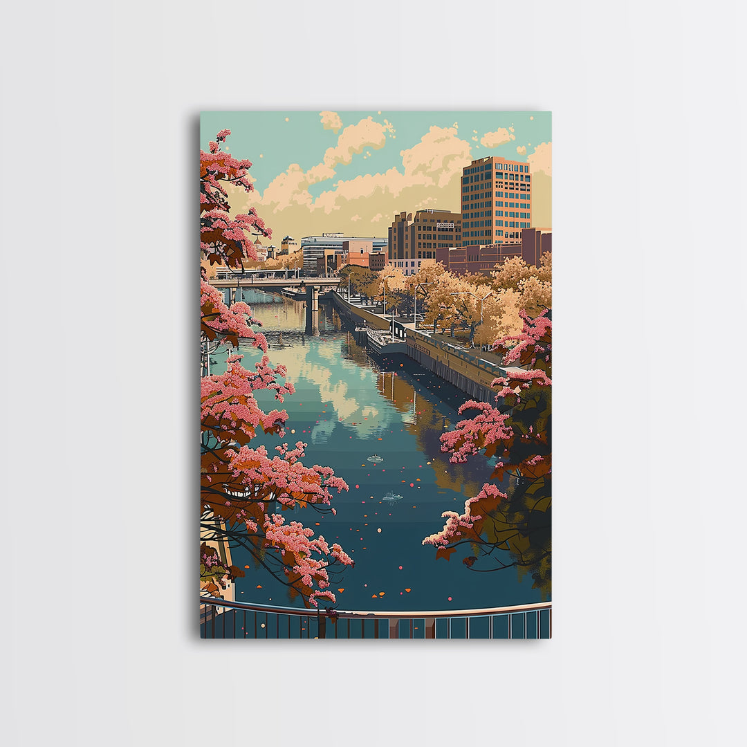 Grand Rapids Travel Poster, Framed Canvas Print, Travel Prints, Landscape Art, City Travel Poster, City Illustration, Vintage Travel