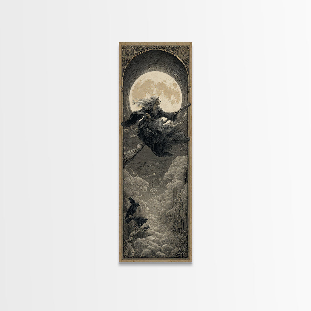 The Moonlit Witch, Gothic Engraving Art, Tall Narrow Wall Art, Dark Halloween Decor, Canvas Print, Halloween Wall Art