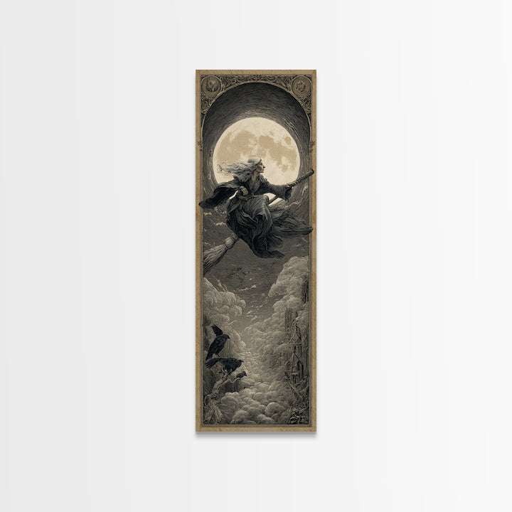 The Moonlit Witch, Gothic Engraving Art, Tall Narrow Wall Art, Dark Halloween Decor, Canvas Print, Halloween Wall Art
