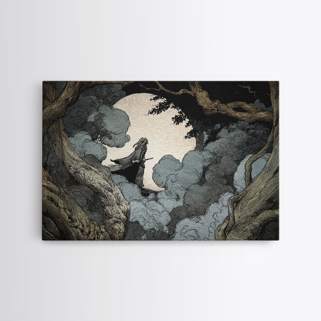 The Moonlit Witch, Gothic Storybook Art, Landscape Wall Art, Dark Halloween Decor, Canvas Print, Halloween Wall Art, Horror Wall Art