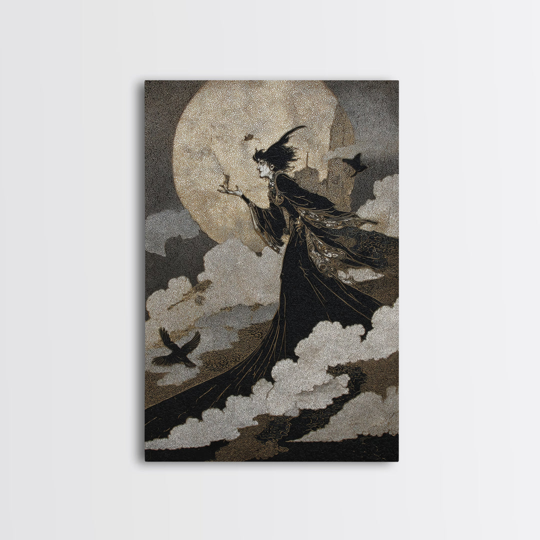 The Moonlit Witch, Stained Glass Gothic Art, Vertical Wall Art, Dark Fantasy Wall Art, Framed Canvas Print, Halloween Wall Art