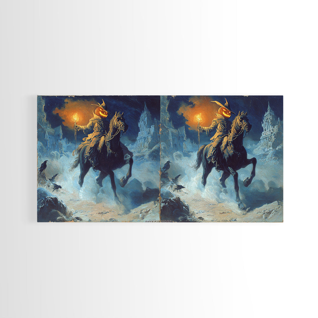 The Headless Horseman, Apocalyptic Romantic Art, Wide Panoramic Art, Gothic Horror Wall Art, Framed Canvas Print, Halloween Wall Art