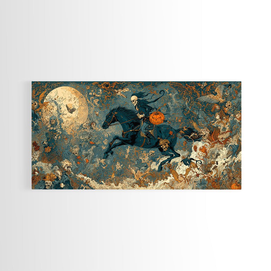 The Headless Horseman, Grotesque Carnival Art, Wide Panoramic Art, Dark Halloween Decor, Canvas Print, Halloween Wall Art
