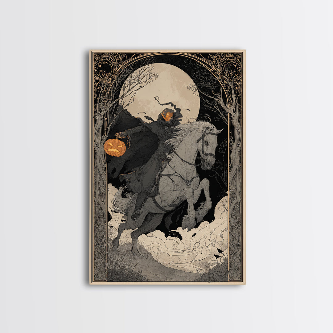 The Headless Horseman, Decadent Line Art, Vertical Wall Art, Gothic Horror Wall Art, Framed Canvas Print, Halloween Wall Art
